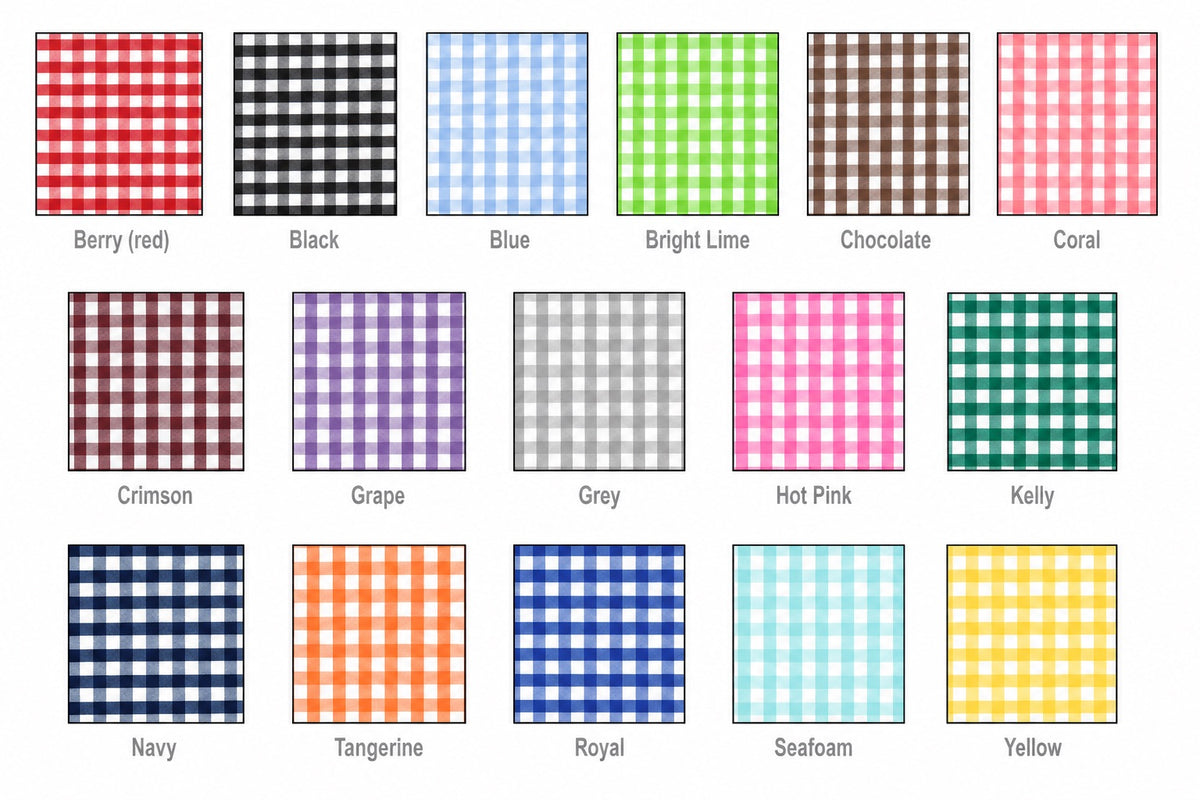 A grid of 16 gingham check fabric swatches labeled with color names, including Berry red, Black, Blue, Bright Lime, Chocolate, Coral, Crimson, Grape, Grey, Hot Pink, Kelly, Navy, Tangerine, Royal, Seafoam, and Yellow, on a white background.