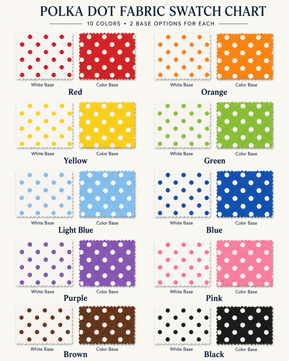 A polka dot fabric swatch chart showing 20 color options arranged in a grid. Each swatch displays a different base color paired with white polka dots, labeled with names such as Red, Orange, Yellow, Green, Blue, Purple, Pink, Brown, and Black.