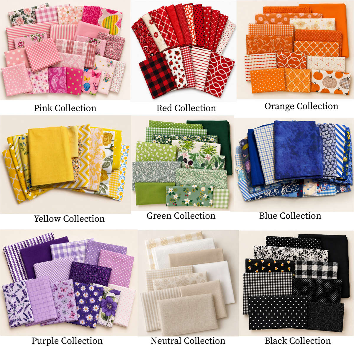 A 3x3 collage showing six fabric collections labeled Pink Collection, Red Collection, Orange Collection, Yellow Collection, Green Collection, Blue Collection, Purple Collection, Neutral Collection, and Black Collection. Each section displays multiple folded and fanned fabric swatches in coordinating colors and patterns, arranged on a white background.