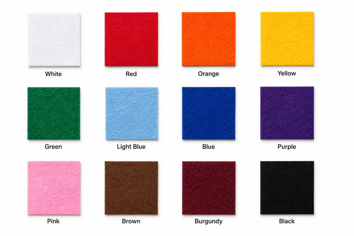 A grid of 12 felt fabric color swatches with printed color names underneath, including White, Red, Orange, Yellow, Green, Light Blue, Blue, Purple, Pink, Brown, Burgundy, and Black, on a white background.
