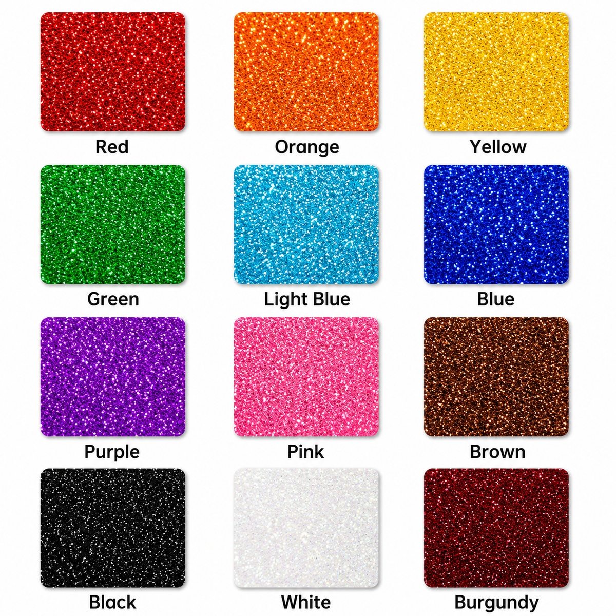 A 12-color glitter color swatch grid showing square samples labeled Red, Orange, Yellow, Green, Blue, Purple, Pink, Brown, Black, White, and Burgundy on a white background.