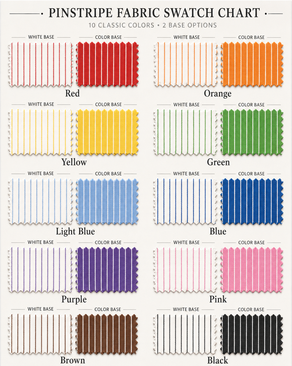 A fabric swatch chart titled 'Pinstripe Fabric Swatch Chart' showing 20 classic colors with striped fabric samples labeled Red, Orange, Yellow, Green, Light Blue, Blue, Purple, Pink, Brown, and Black, arranged in a grid on a light background.