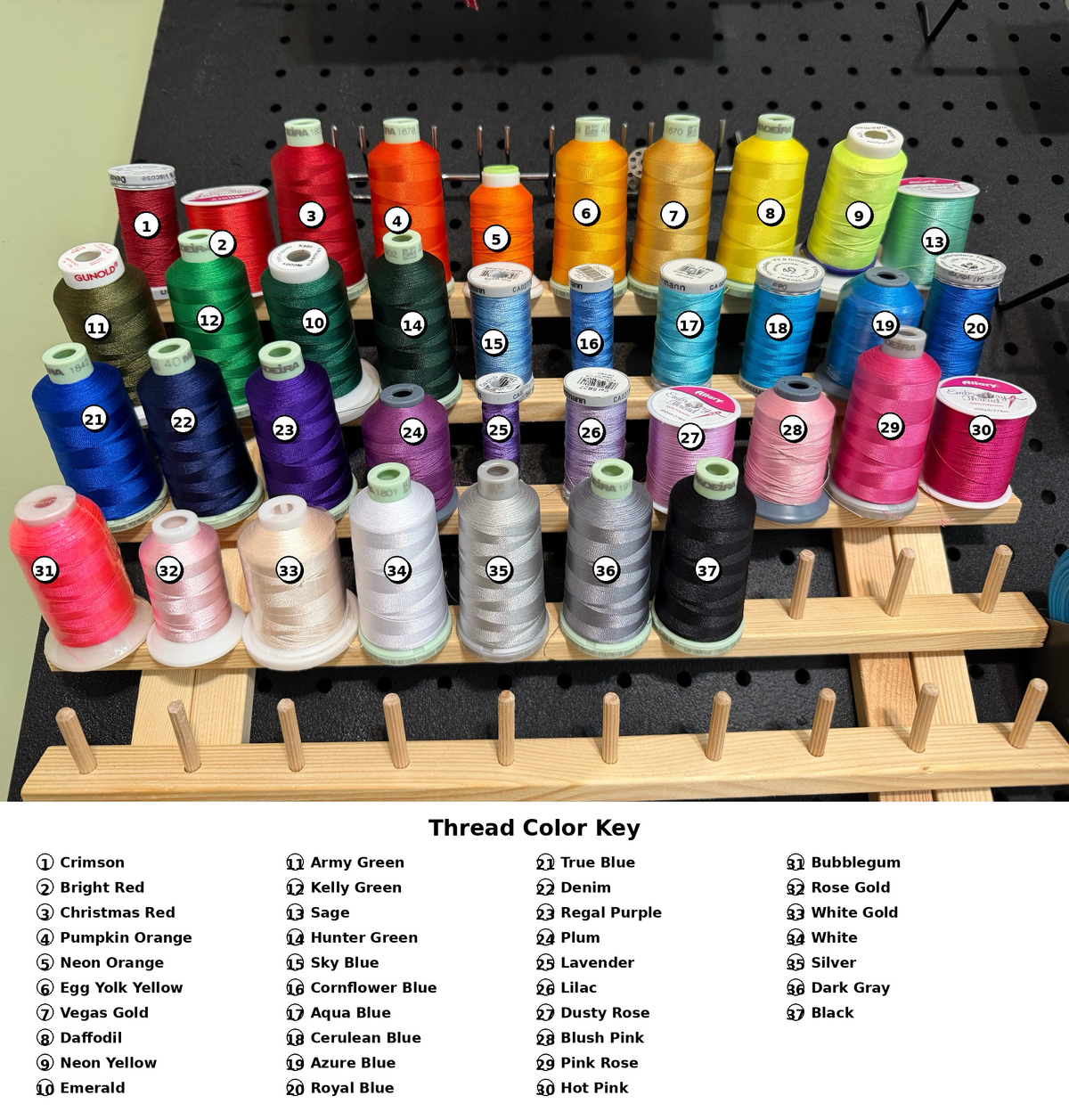 A large assortment of thread spools in many colors arranged on a wooden rack against a black pegboard, with a printed 'Thread Color Key' at the bottom showing color names and codes.